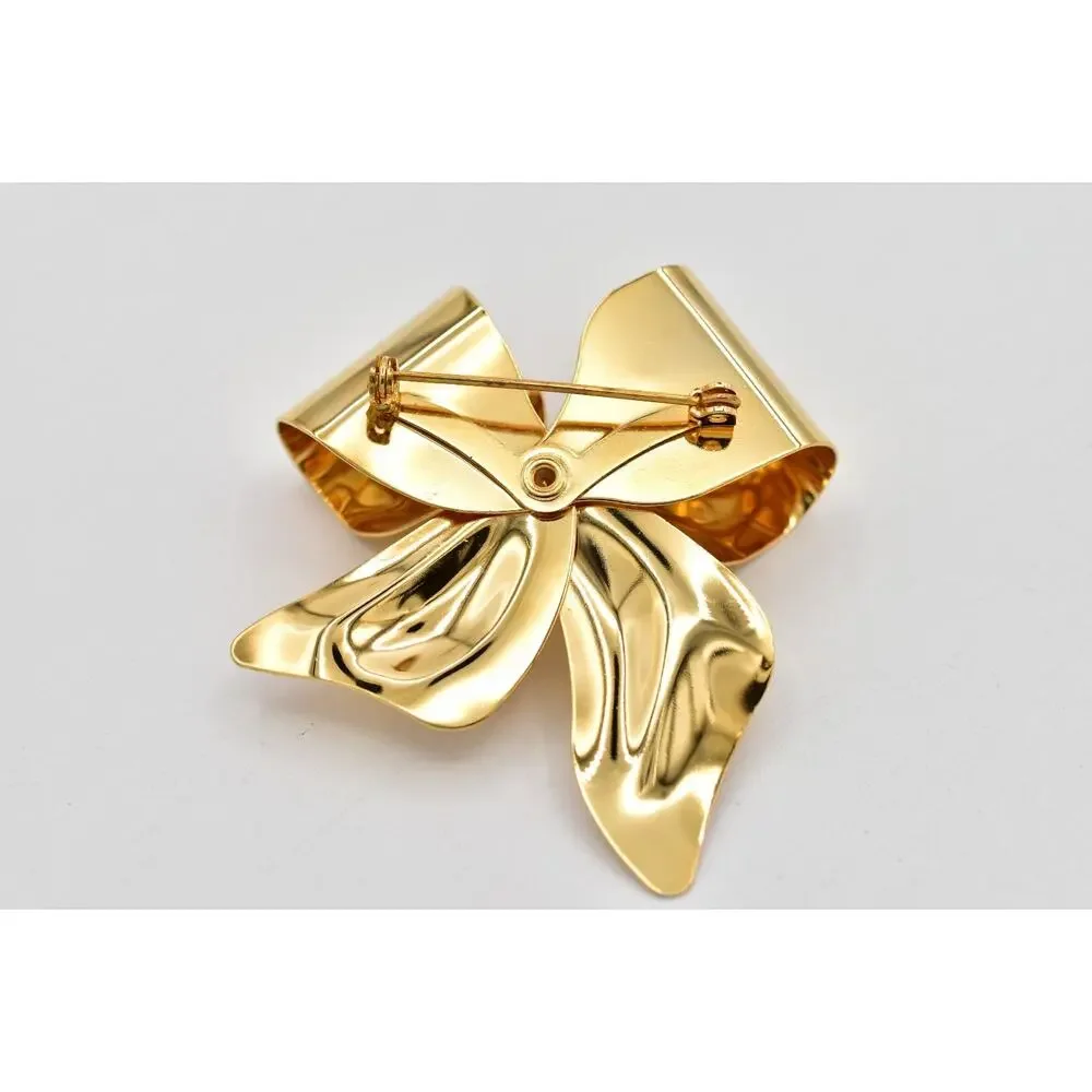 Vintage Chunky Gold Bow Brooch Pin Large Sculptural Ribbon Statement NOS BinA18